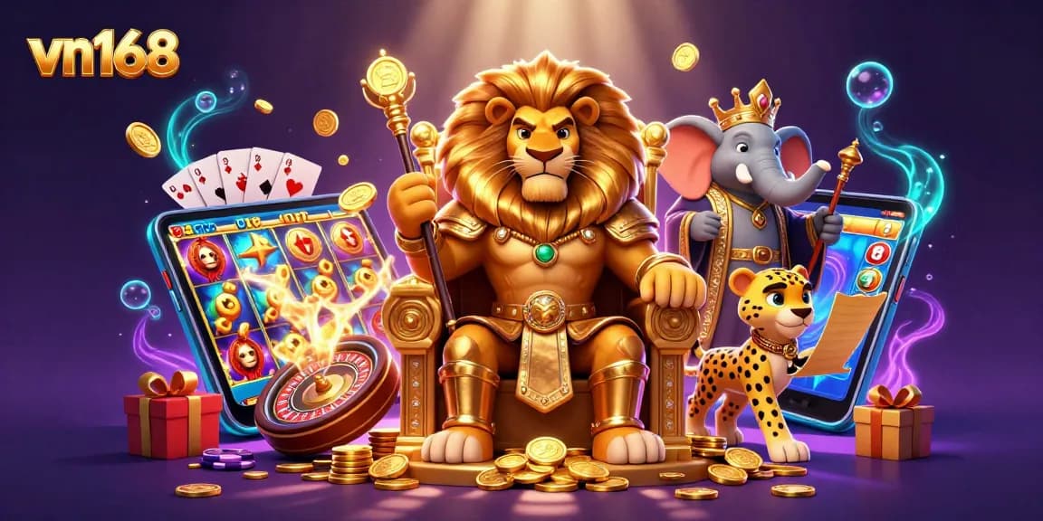Experience the thrilling world of vn168 with a fierce lion king and vibrant casino elements.