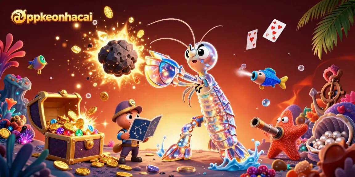 Experience thrilling bets at appkeonhacai, featuring dynamic casino-themed scenes and gold treasures.