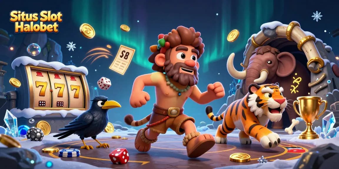 Situs Slot Halobet features a lively casino scene with vibrant slot elements and playful characters.