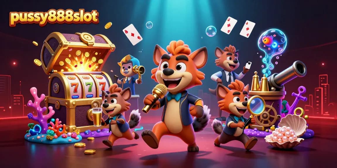 Experience thrilling gameplay with pussy888slot, featuring lively 3D hyena characters in a colorful casino.