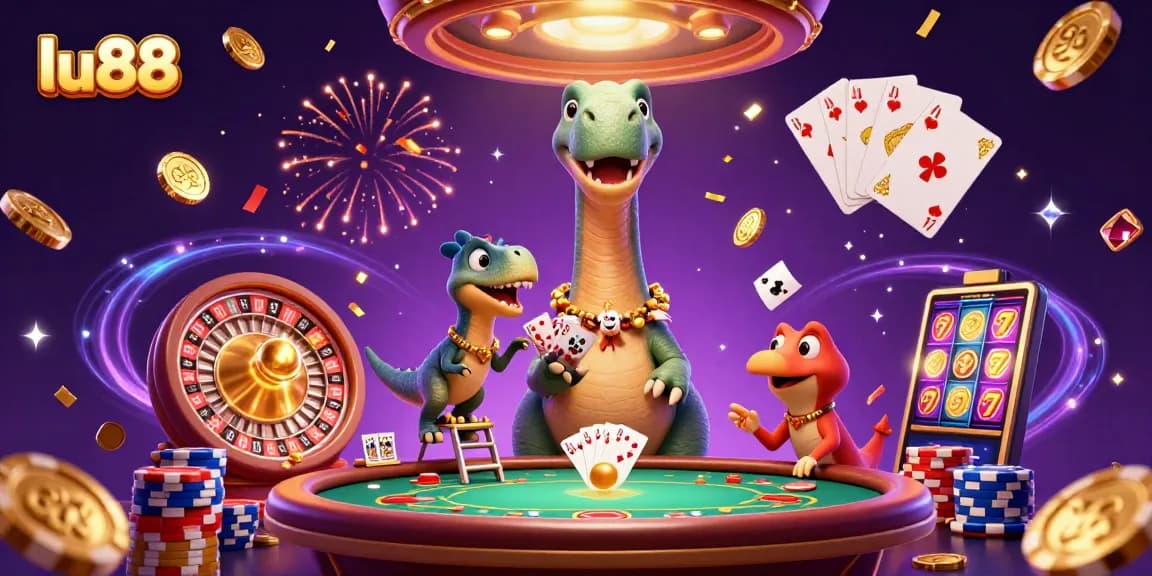Experience excitement at lu88 casino with a giant brontosaurus overseeing a thrilling poker game.