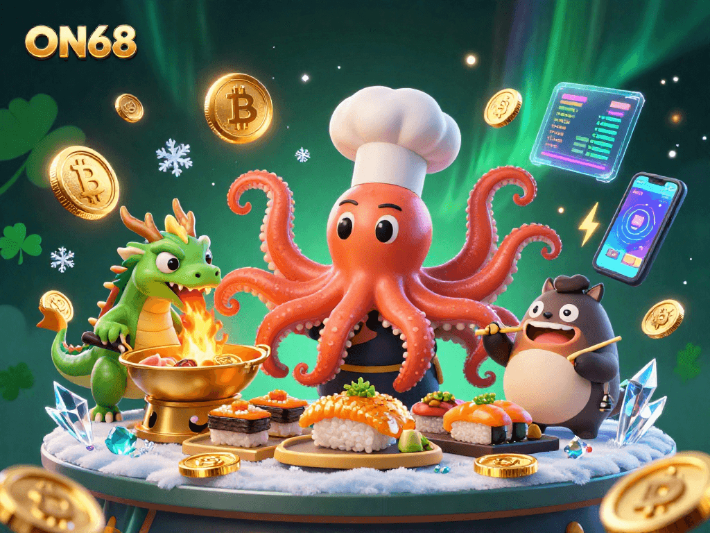 Experience ON68's vibrant gaming scene with a 3D casino illustration of a playful octopus chef and a dragon igniting excitement and fortune.