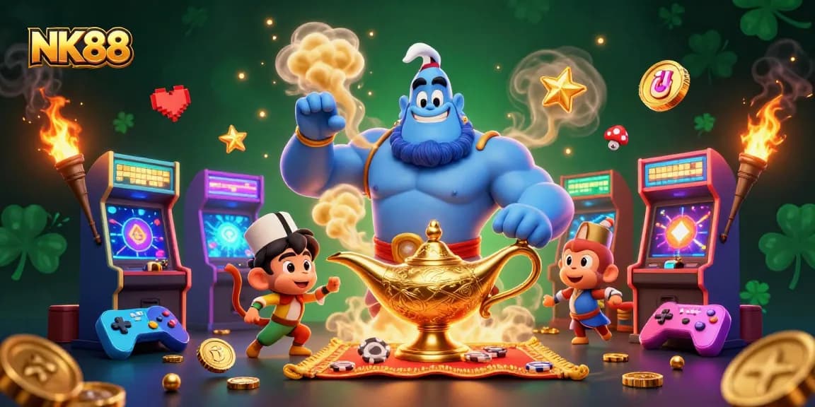 Experience the magic of NK88 with vibrant games and exciting wins in this enchanting casino illustration.