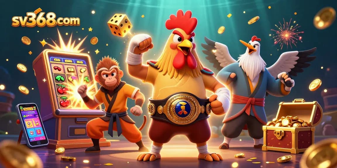 Engage in thrilling gameplay at sv368com with dynamic Muay Thai rooster and monkey martial artist amidst a vibrant casino scene.