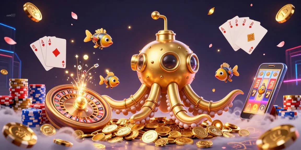 Immerse in the vibrant world of soikeo with an ultra-detailed illustration showcasing a kraken submarine amidst golden casino elements.