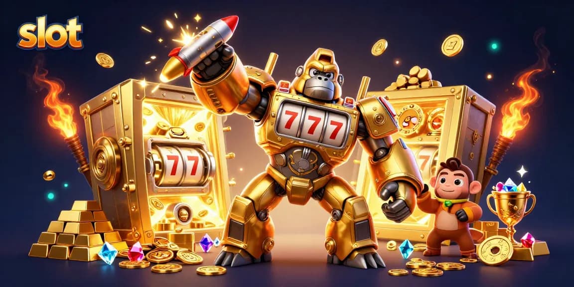 Spin thrilling slots with golden gorilla mech, jackpot treasures, and exciting gameplay!
