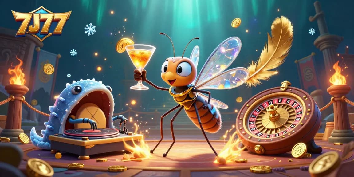 Experience thrilling gameplay at 7J77 with a lively casino scene featuring unique characters and vibrant elements.