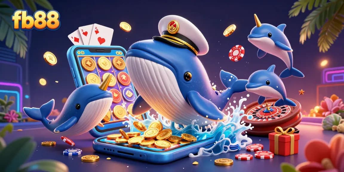 Engage in exciting gameplay at fb88 with a vibrant 3D illustration featuring a fun whale and friendly dolphins!