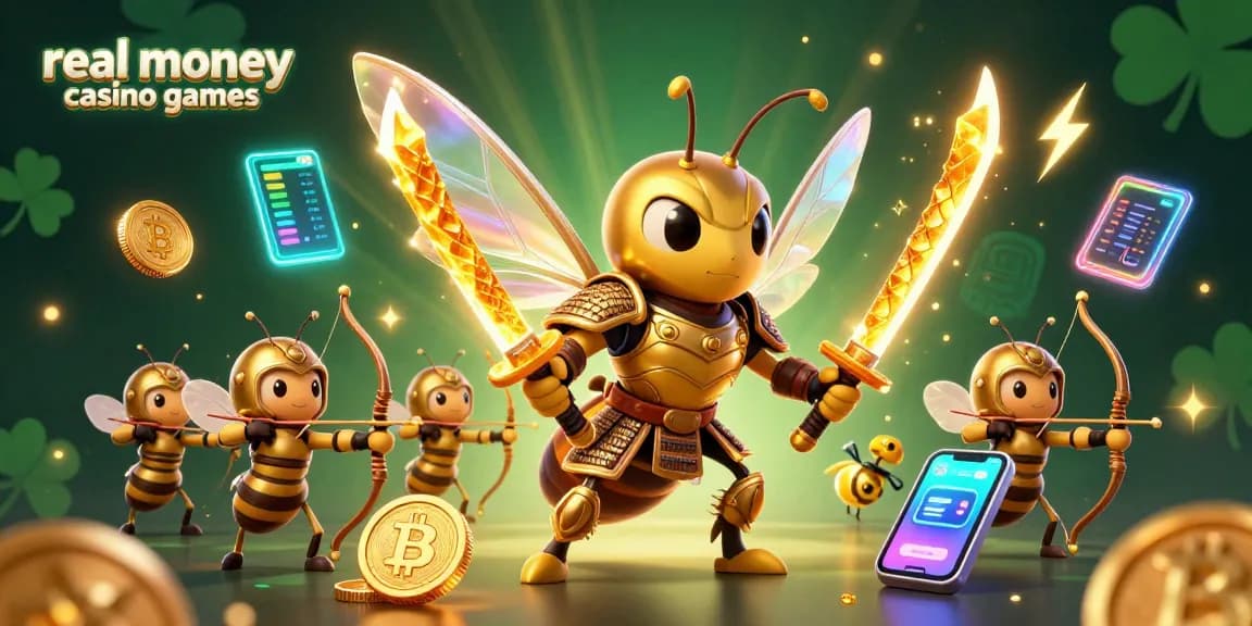 Engage with real money casino games through animated golden hornets and crypto elements in a dynamic scene.