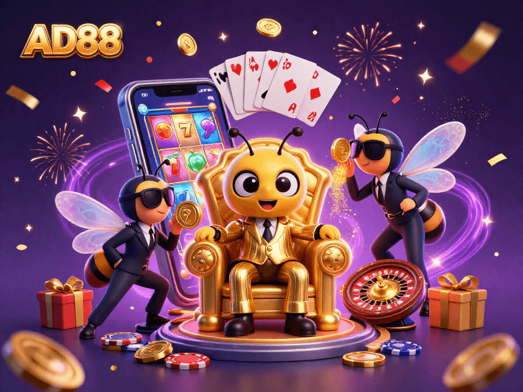 Spin to win with AD88 in a vibrant casino scene featuring a mob boss and enchanting characters.