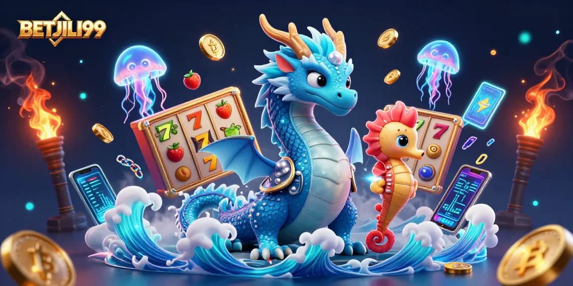 Experience the excitement of BETJILI99 with a vibrant 3D dragon, seahorse knight, and slot games.
