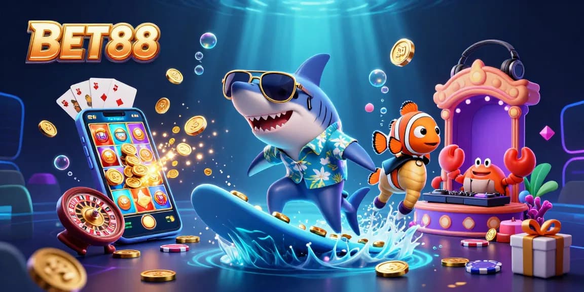 Engage with exciting games at BET88 featuring a shark surfer amidst vibrant gold coins and casino elements.