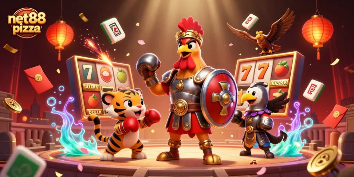 Engage with net88 pizza's vibrant 3D casino scene showcasing thrilling slot reels and characters.