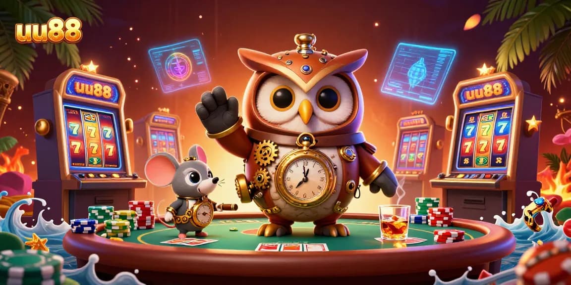 Experience thrilling gameplay at uu88 with vibrant slot machines and charming characters in an enchanting casino illustration.