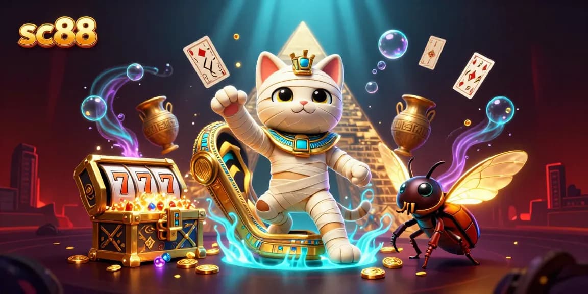Engage in thrilling gaming action at sc88 with an illustration of an Egyptian mummy cat in a vibrant casino scene.