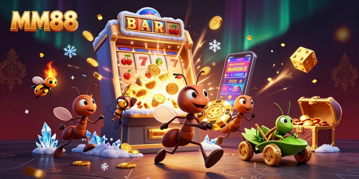 Experience the excitement of MM88 through a 3D heist with cartoon ants and a vibrant casino scene.