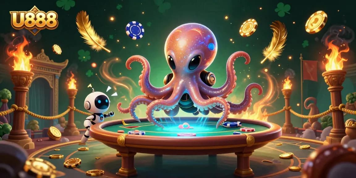 U888 showcases an exciting alien octopus dealer amidst vibrant casino elements and golden decor.