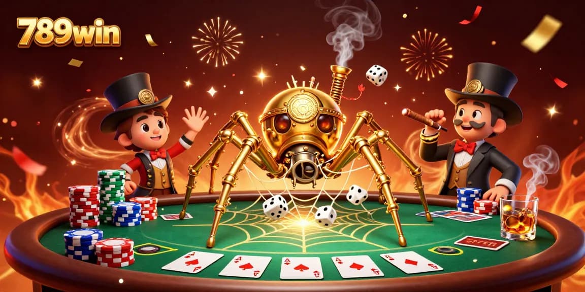 Win big at 789win with a steampunk-inspired gaming scene, featuring poker elements.