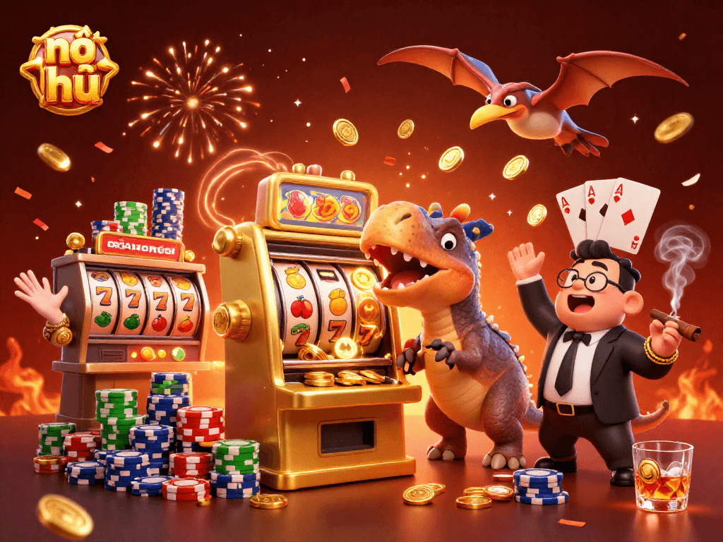 Nổ hũ showdown with cartoon dinosaurs celebrating jackpot coins from a slot machine in a vibrant casino.