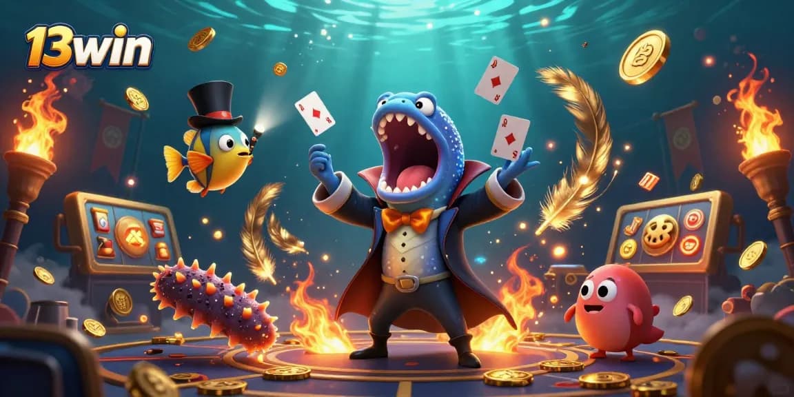 Experience thrilling slots and casino magic with 13win's vibrant 3D underwater scene.