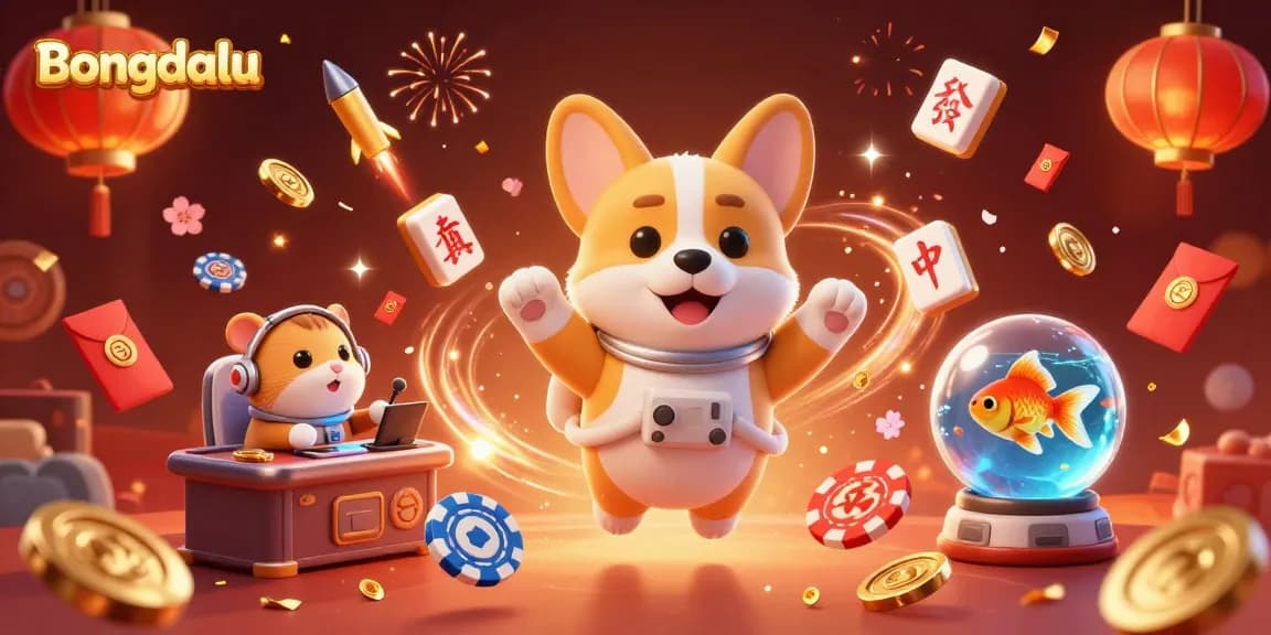 Bongdalu features a whimsical 3D scene with a floating corgi in a casino, vibrant poker chips, and animated cherry blossom petals.