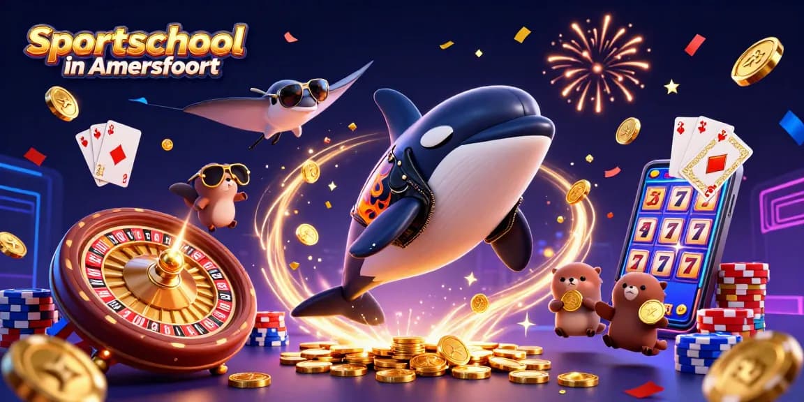 Engage with Sportschool in Amersfoort as animated characters celebrate casino gameplay with coins and roulette.