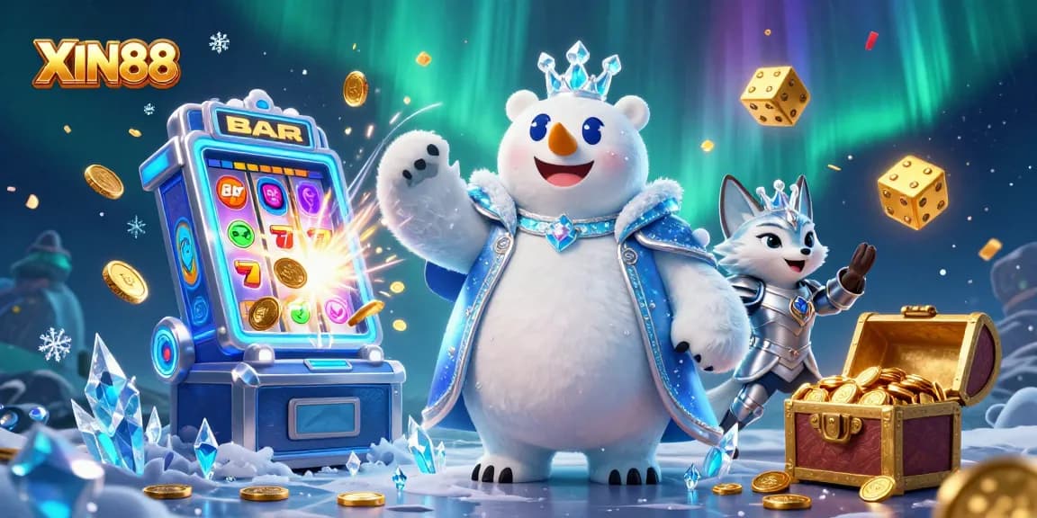 XIN88 celebrates a jackpot explosion with an ice king polar bear and silver fox amid casino symbols.