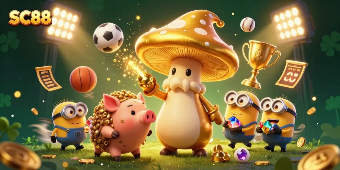 Experience thrilling wins with SC88 as gold cascades from a whimsical wizard surrounded by vibrant gaming elements.