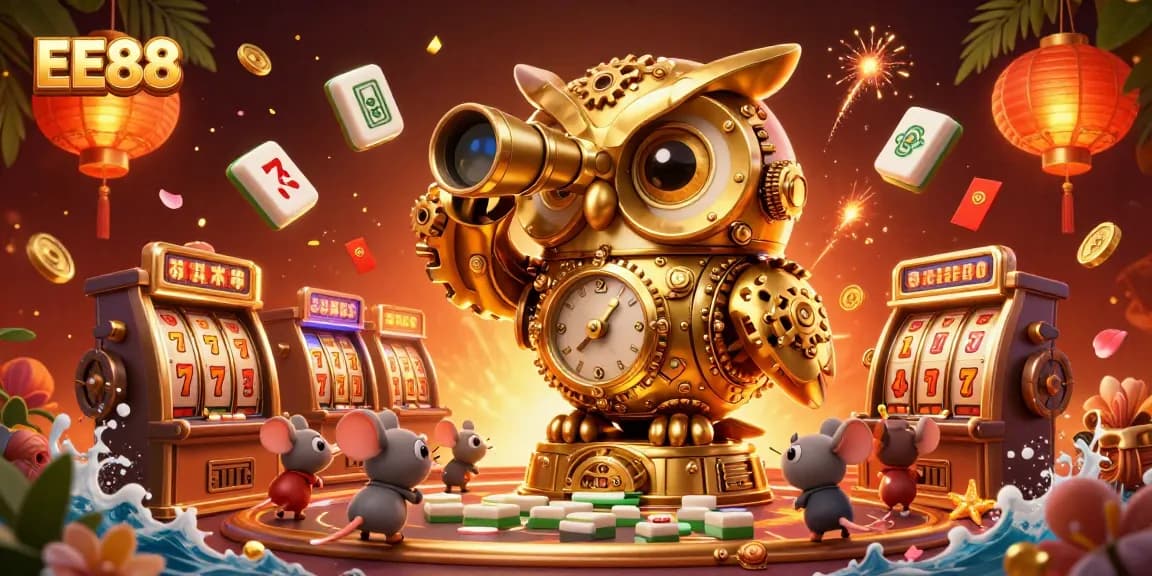 Experience thrilling slot action at EE88 with a mesmerizing illustration of a golden owl and vibrant casino elements.