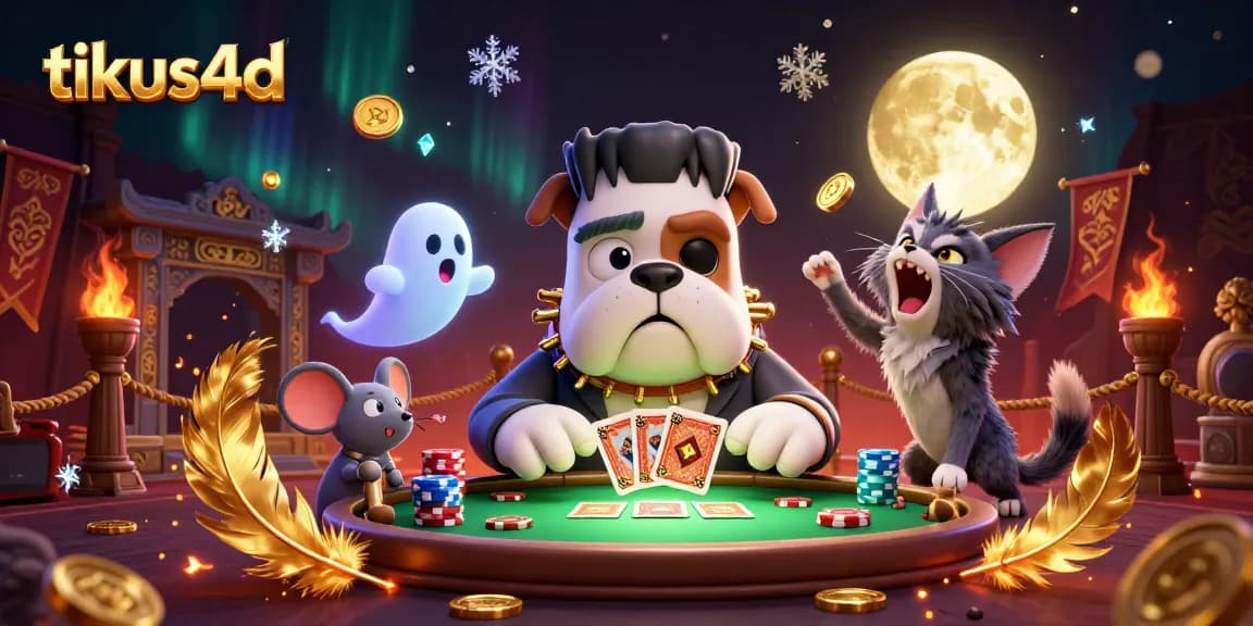 Engage in thrilling gameplay with tikus4d, featuring a cartoon bulldog dealer at a vibrant casino table.