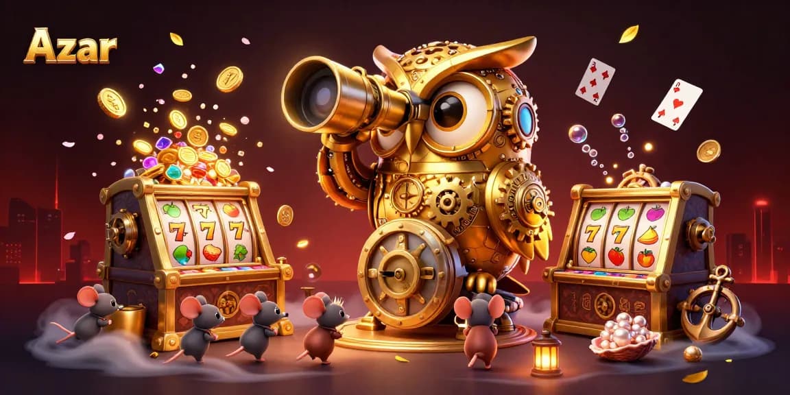 Experience Azar's dynamic casino scene with a golden owl and lively characters in a vibrant gambling environment.