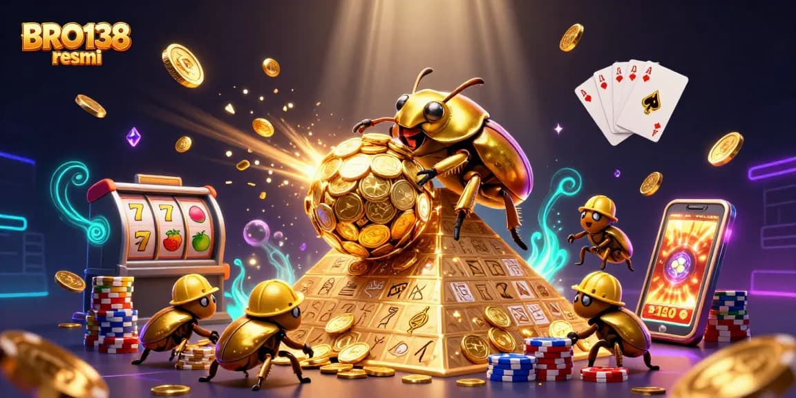 Engage with the vibrant world of BRO138 resmi featuring golden beetles and cascading coins in this thrilling casino scene.