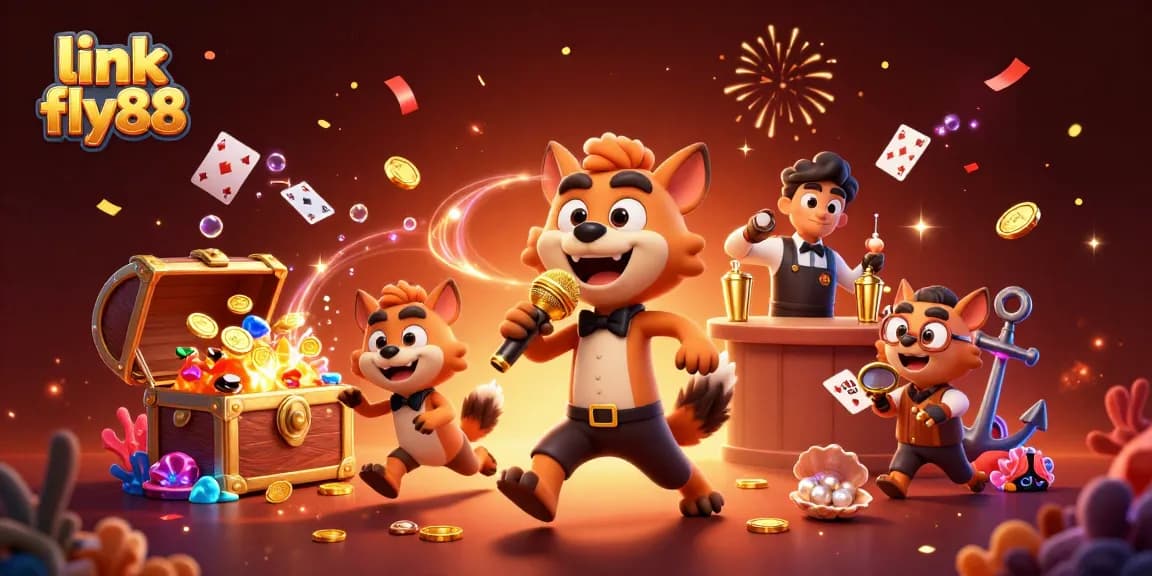 Experience link fly88 at a vibrant comedy casino with cartoon hyenas, gold coins, and gaming elements.