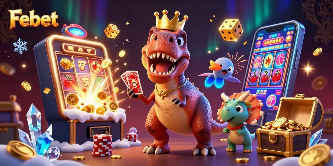 Experience the thrill of Febet with engaging characters playing cards, surrounded by dynamic casino elements.