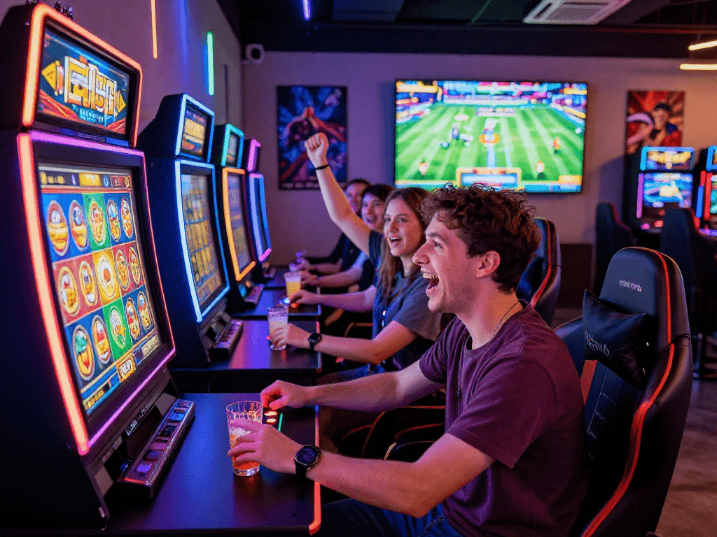Excited player celebrating a slot jackpot win at a vibrant gaming lounge.