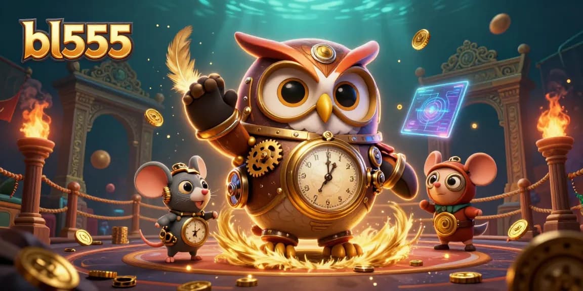 Experience thrilling gameplay with bl555 in a vibrant 3D casino scene featuring an owl and a mouse.