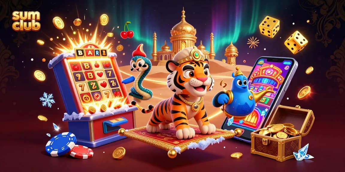 Engage with the sum club's vibrant jackpot scene, featuring spinning slots and dazzling casino elements.