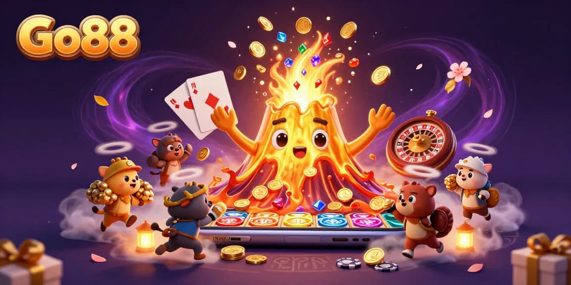 Go88 players enjoy thrilling slots with golden coins and treasure erupting from a vibrant, magical scene.