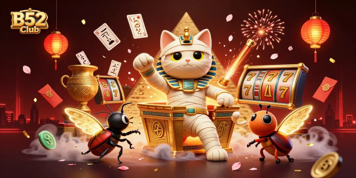 Engage in exciting games at B52club featuring slot reels and vibrant casino elements.