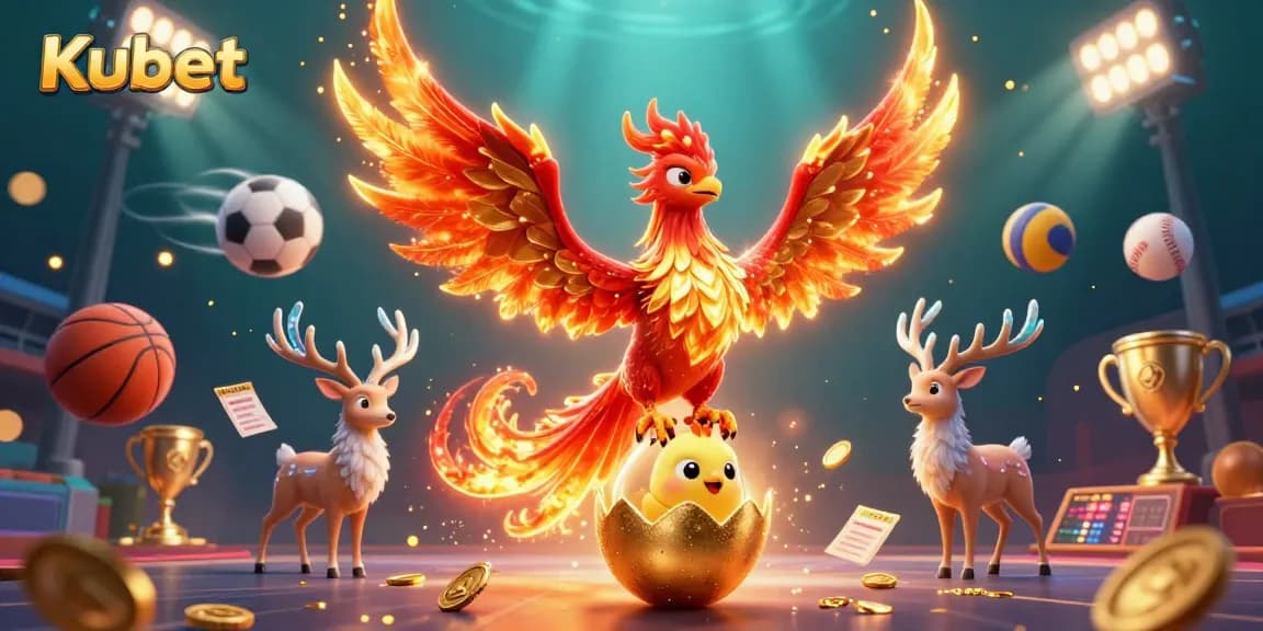 Kubet engages players with a captivating casino scene featuring dynamic sports elements and mythical characters.