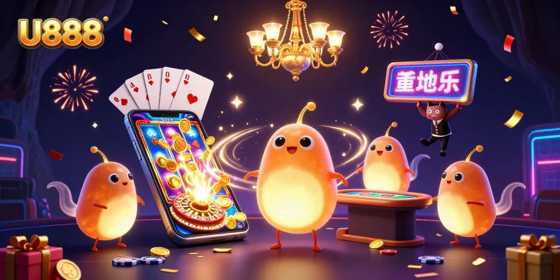 Experience U888 casino excitement with vibrant glowworms, slot reels, and a bat dealer