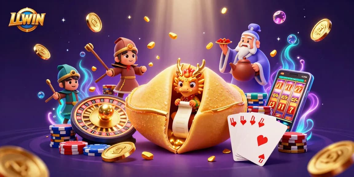 Bet and win with LLWIN in this lively casino-themed 3D illustration featuring golden treasures and game elements.
