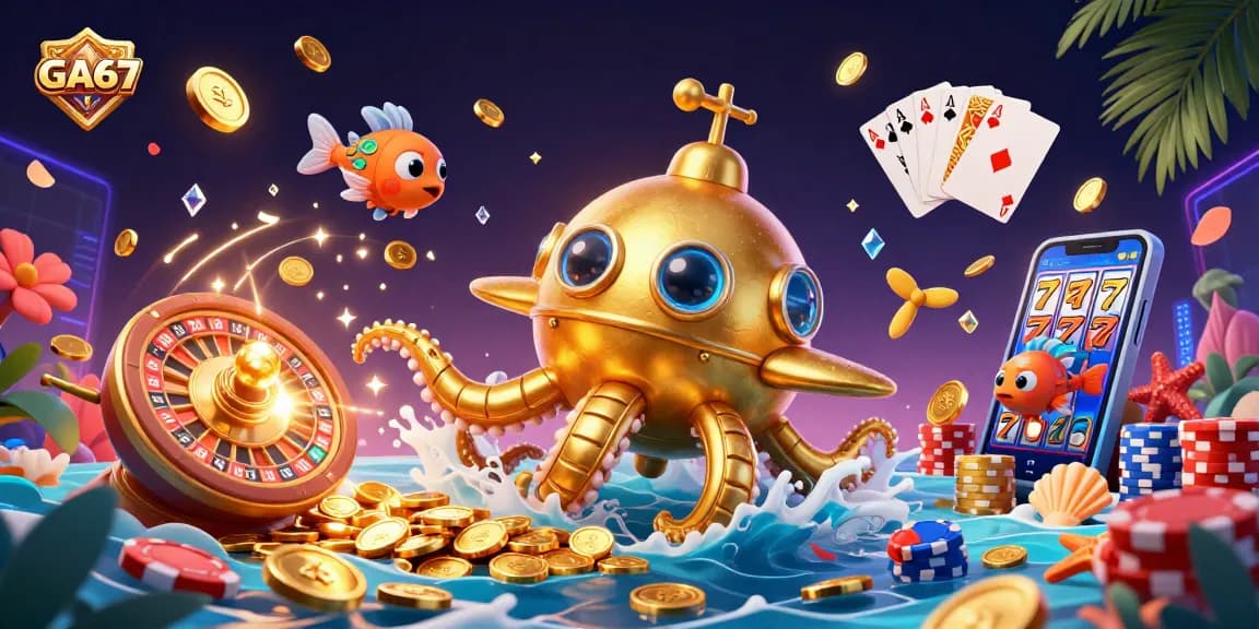 Experience GA67's thrilling golden kraken submarine amidst vibrant casino elements, capturing immersive gaming excitement.