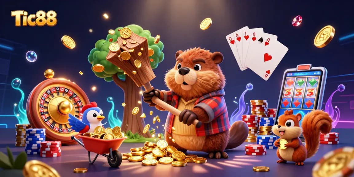 Tic88 offers a vibrant casino experience with a cartoon beaver and friends collecting golden coins
