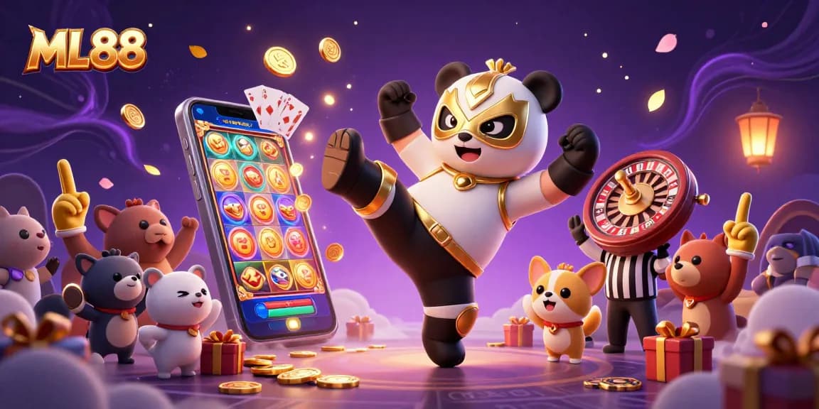 ML88 showcases a thrilling casino scene with a panda wrestler and vibrant slot elements.
