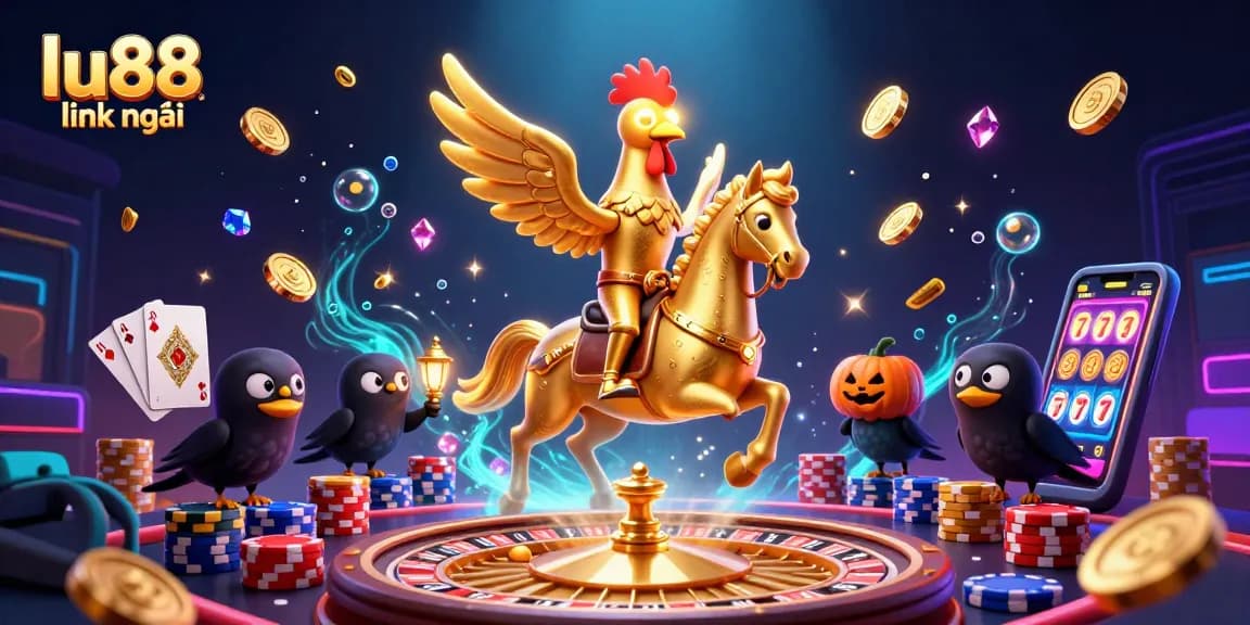 Experience lu88 link mới amidst golden coins and vibrant cards in a dynamic casino illustration.