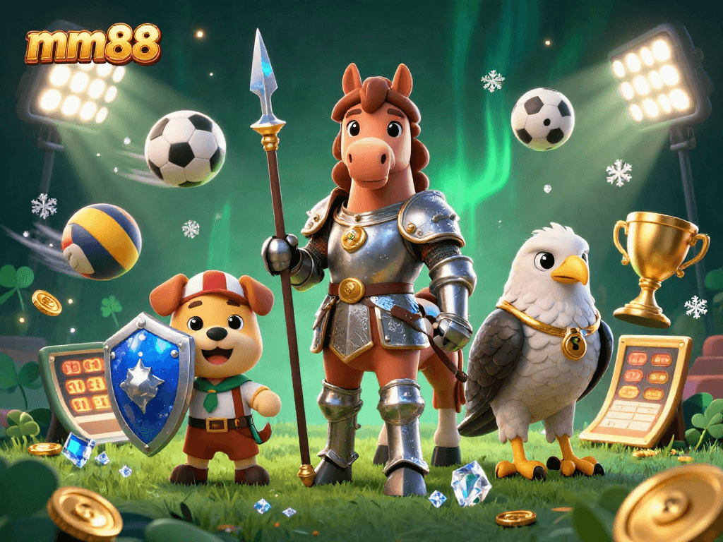 Bet on exciting action with mm88 as a medieval knight and squire puppy celebrate in a dynamic casino scene.
