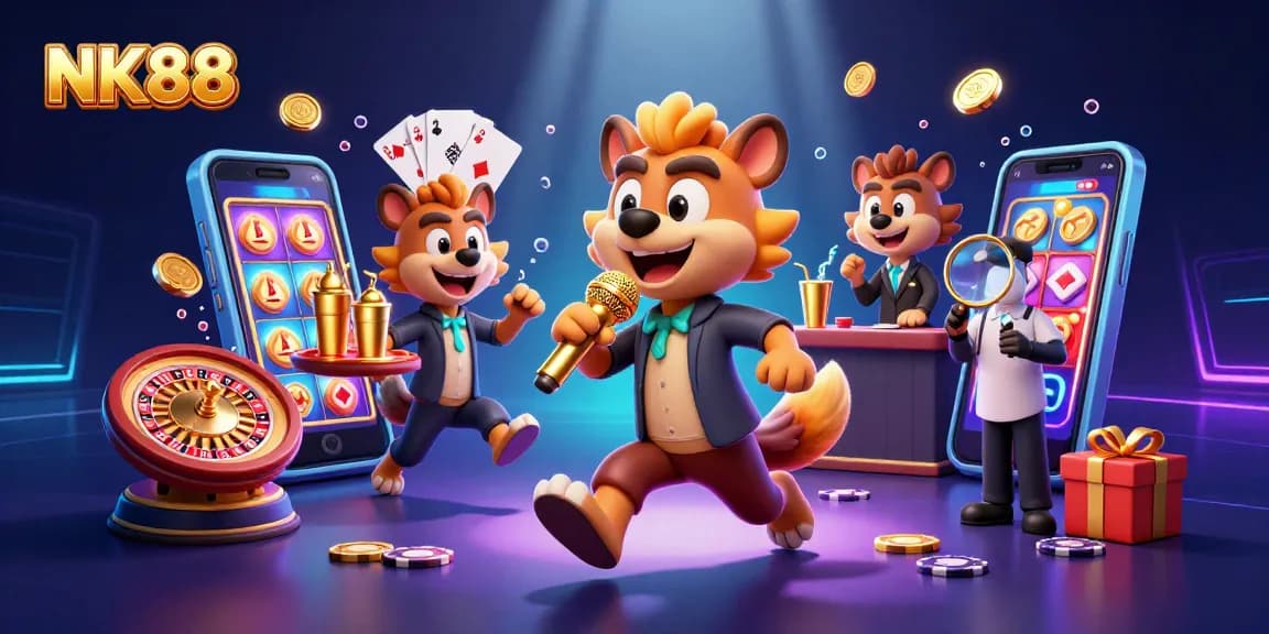 Experience the thrilling gameplay at NK88 with vibrant slot games, a bustling casino environment, and exciting characters.