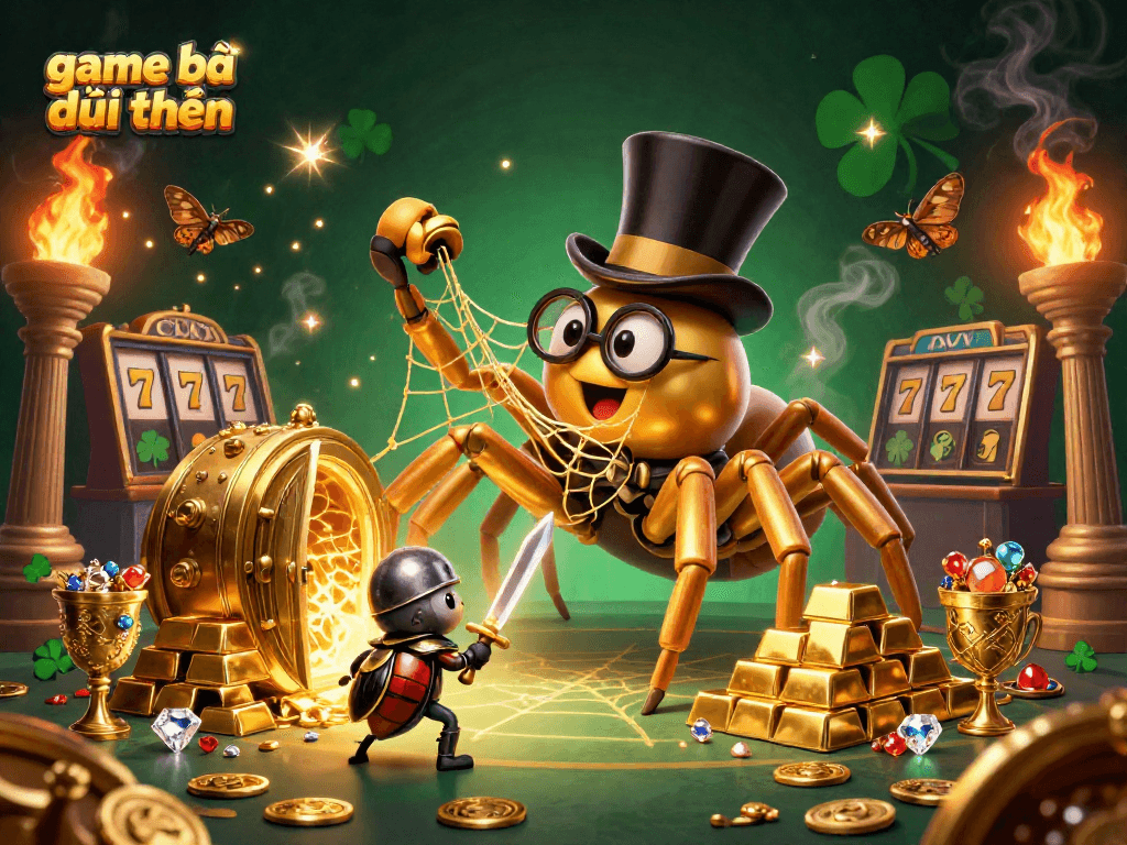 Experience the excitement of game bài đổi thưởng with a vibrant illustration featuring a giant golden tarantula and a brave beetle knight.