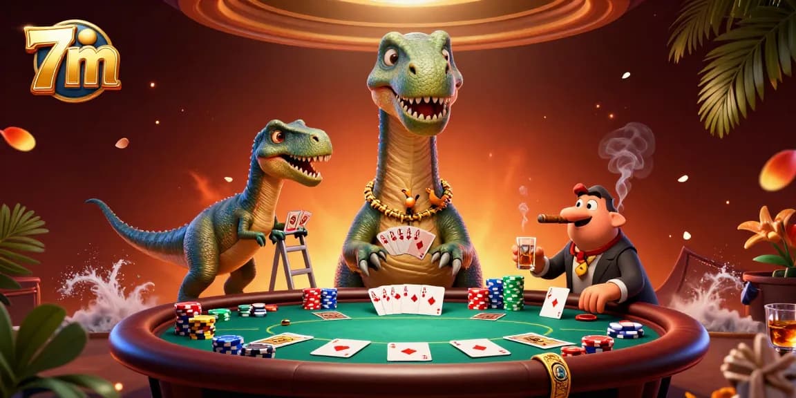 Engage at the 7m casino with a thrilling 3D poker scene featuring vibrant characters.